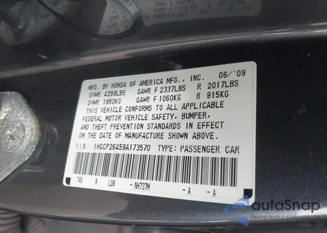 2009 Honda Accord Lxp from USA, damaged, VIN 1HGCP26459A173570
